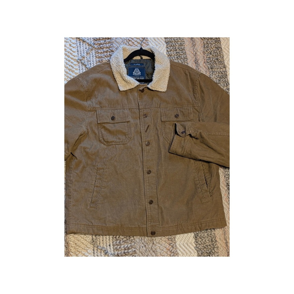 American Rag Mens XL Corduroy Trucker Jacket Tan Brown Faux Shearling Collar